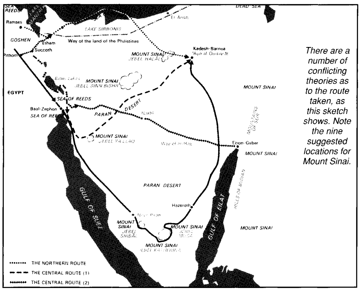 There are a number of conflicting theories as to the route taken, as this sketch shows. Note the nine suggested locations for Mount Sinai.