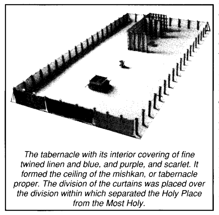 The tabernacle with its interior covering of fine twined linen and blue, and purple, and scarlet. It formed the ceiling of the mishkan, or tabernacle proper. The division of the curtains was placed over the division within which separated the Holy Place from the Most Holy.